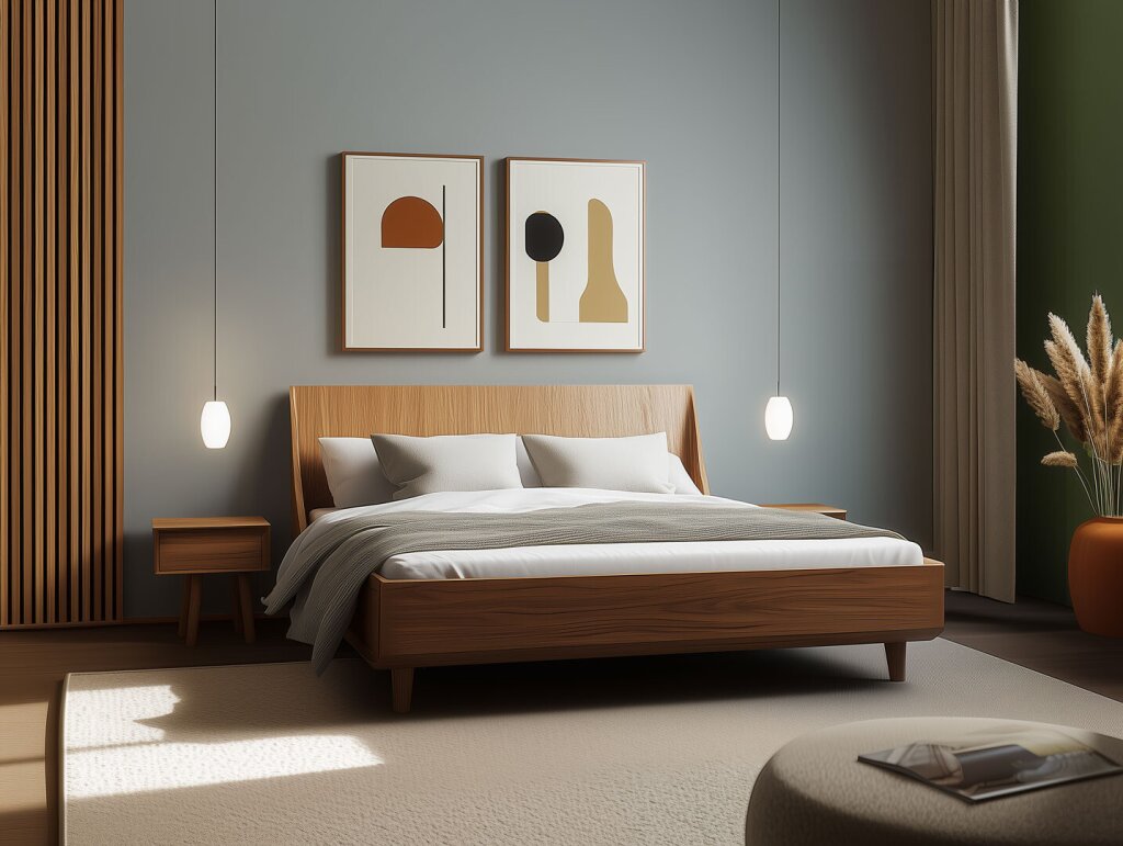 Ein modernes Massivholzbett aus Eiche mit geradlinigem Design und dunkler Wandgestaltung. Minimalistische Formen, klare Kanten und eine elegante Holzstruktur verbinden sich zu einem zeitlosen Schlafzimmermöbel. Die ruhige Farbpalette und stilvolle Dekoration betonen die elegante, langlebige Wirkung.