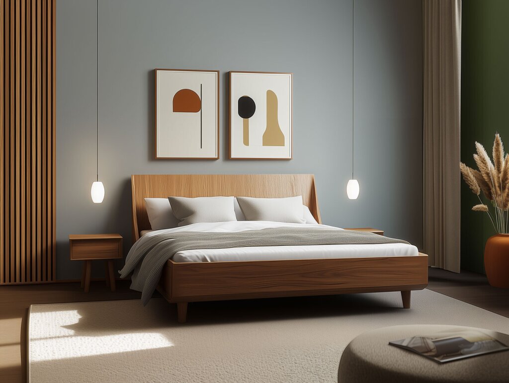 Elegantes Massivholzbett - ein Einzelstück vom Tischler - in einem stilvollen Schlafzimmer. Das Bett mit schrägem Kopfteil und warmem Holzton wird von zwei minimalistischen Nachtkästchen ergänzt. Dezente Pendelleuchten und moderne Wandbilder schaffen eine harmonische, ruhige Atmosphäre. Eine perfekt komponierte, harmonische Raumsituation mit modernen Farbakzenten in Terracotta, Olivgrün und Eichenholz.