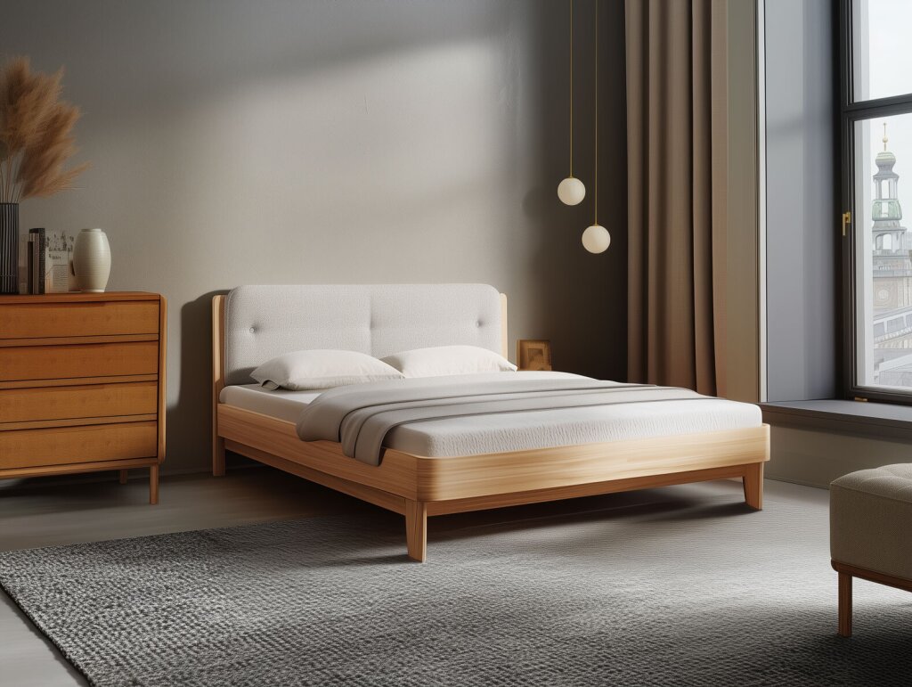 Modernes Massivholzbett mit gepolstertem Kopfteil in einem eleganten Schlafzimmer. Die Kombination aus hellem Holz, weichem Stoff und dezenten Design-Elementen schafft eine ruhige, harmonische Atmosphäre. Eine große Fensterfront bringt natürliches Licht in den Raum. Das Raumkonzept kombiniert perfekt die Naturholzmöbel mit einer modernen Farbwelt und natürlichen Accessoires.