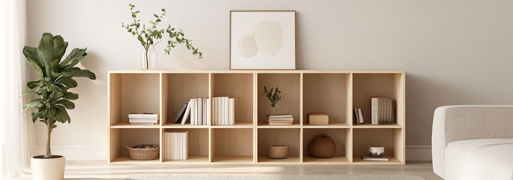 Ein offenes Regal, das am Boden steht. Es ist aus hellem Holz und dient als Bücherregal und Aufbewahrung für Kleinkram.