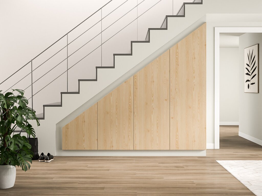 Ein Treppenschrank in Holzdekor.