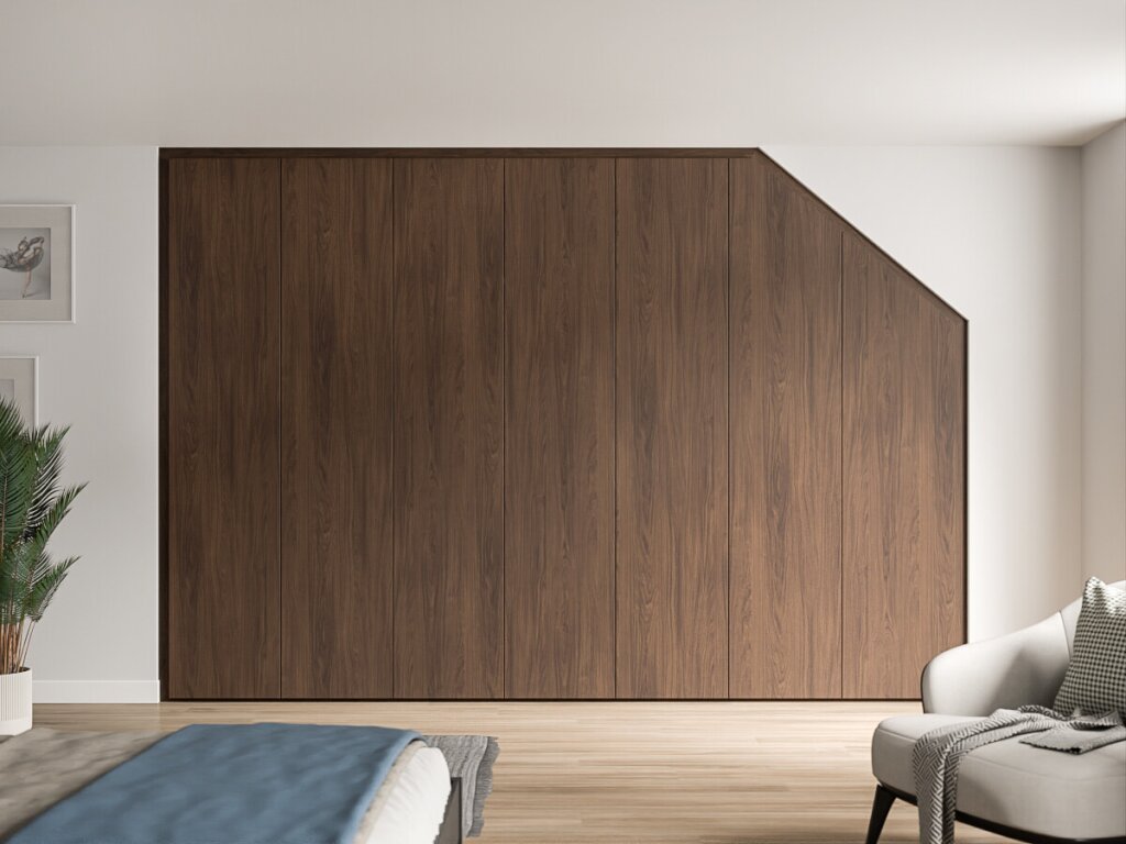 Ein Dachschrägenschrank mit Schräge rechts.
