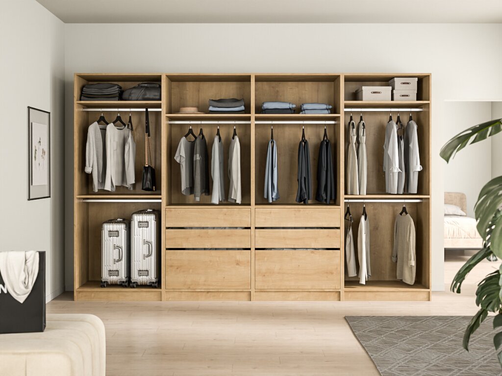 Ein Wandschrank in Eiche Dekor. Viele offene Stauraumfächer und sechs große Laden.
