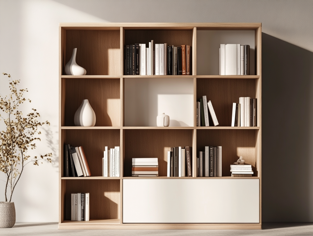 Ein schlichtes Wandregal aus Eichenholz kombiniert mit gebrochenem weiß, das sich in der Schrankfront, einigen Rückwänden und den Dekorationsobjekten im Regal wiederfindet. Der Bildausschnitt ist minimalistisch und fokussiert auf das Regal als Möbelstück. Sanftes Sonnenlicht fällt seitlich auf das Regal und zaubert Licht- Schattenreflexe in das Bild.