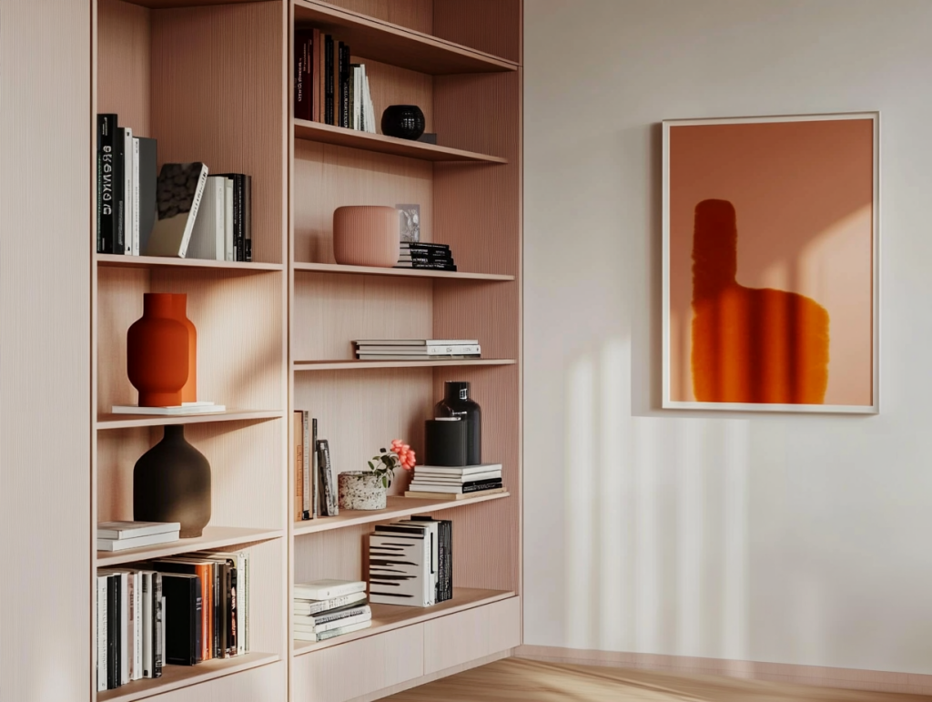 Ein Raumhohes Einbauregal in einem sanften Pastellrosa mit leichter Holzstruktur. Das Regal ist liebevolle mit ausgewählten Objekten wie Vasen, Pflanzen und Büchern dekoriert. An der Wand hängt ein farblich zum Regal passendes modernes Bild mit einem großflächigen abstrakten Motiv. Von der Seite fällt Sonnenlicht in den Raum und auf das Regal, es erzeugt sanfte Licht- und Schattenspiele. Das Bild vermittelt eine helle, einladende Atmosphäre.