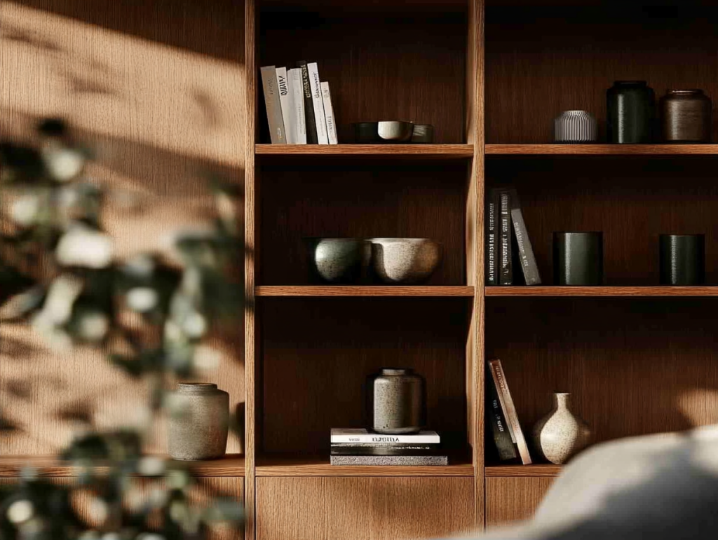 Detailaufnahme eines Regals aus massiver Eiche mit wunderbarer Holzmaserung. Die Regalfächer sind mit hochwertigen Dekorationsobjekten aus Steinkeramik geschmückt. Vereinzelt stehen Bücher im Regal. Eine verschwommene Grünpflanze im Vordergrund sorgt für Tiefe. Sanfte Lichtreflexe des einfallenden Sonnenlichts machen das Bild warm und betonen die hochwertigen Materialien.