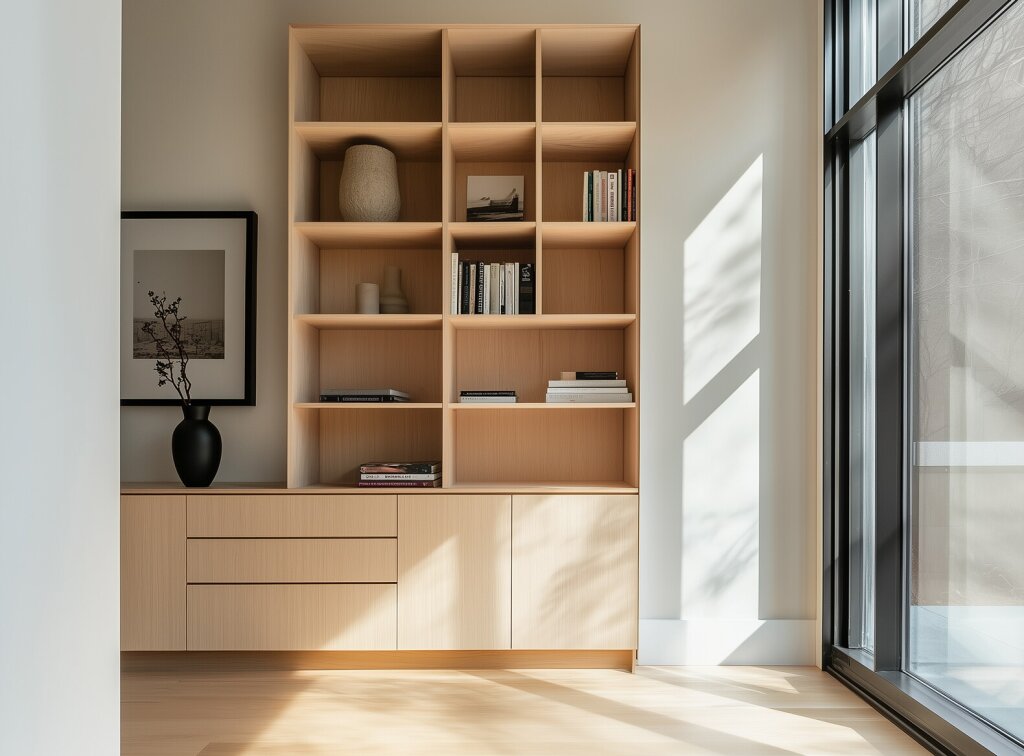 Ein offenes Regal aus hellem Holzdekor mit schlichter Maserung. Im Regal befinden sich ordentliche Bücherstapel und wenige ausgewählte Dekorationsobjekte aus Ton. Durch ein raumhohes Fenster fällt Sonnenlicht sanft und hell auf die Holzoberfläche. Das Bild wirkt aufgeräumt und dabei dennoch hell, leicht und gemütlich.