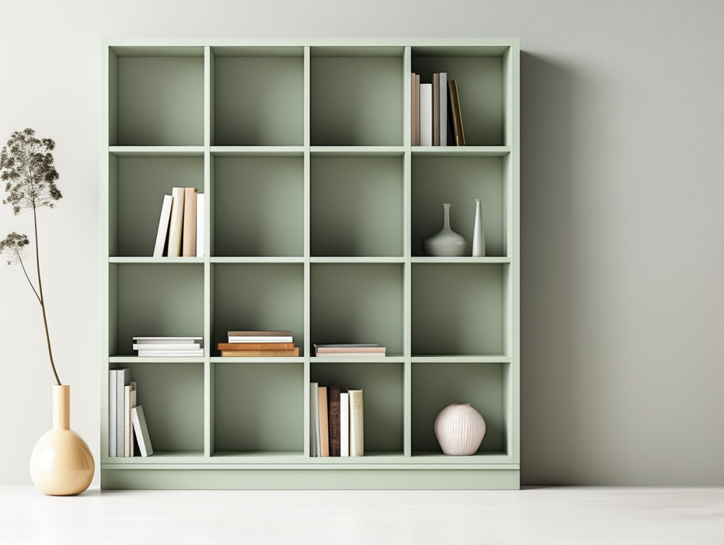 Ein schlichtes, pastellgrünes Regal mit offenen Fächern und einer grünen Rückwand. Sehr minimalistische Deko aus Büchern und wenigen Vasen aus Keramik. Seitlich fällt sanftes Sonnenlicht in den Raum. Der gesamte Raum wirkt sehr reduziert und aufgeräumt, doch dabei hell und freundlich.