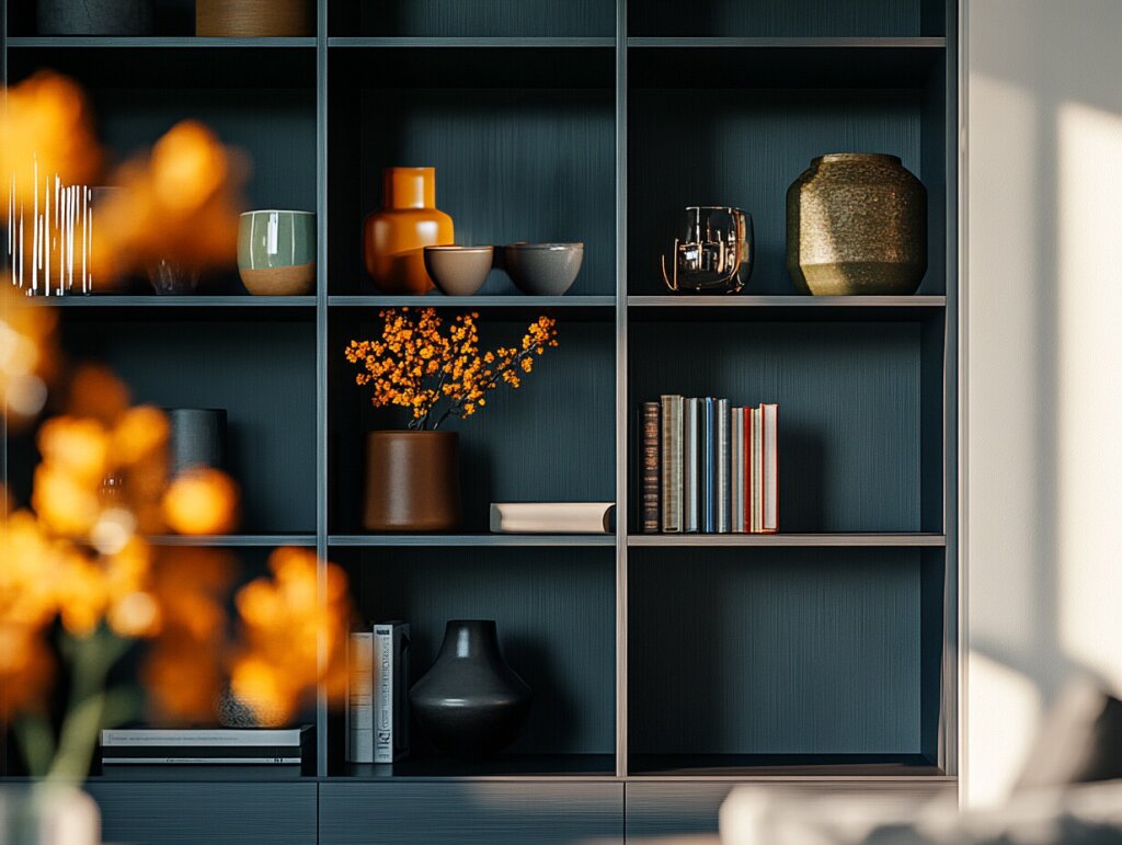 Offenes Regal aus hochwertigen, dunkelblauen Dekorplatten. Die Regalfächer sind liebevoll mit ausgewählten Dekorationsartikeln geschmückt, teilweise in kontrastierenden Farben, wie Orange. Im Vordergrund erzeugen verschwommene, leuchtend orange Blüten eine schöne Bildtiefe. Sanftes Sonnenlicht fällt von der Seite auf das Regal und erzeugt malerische Lichteffekte auf der Holzstruktur und den Keramikobjekten.
