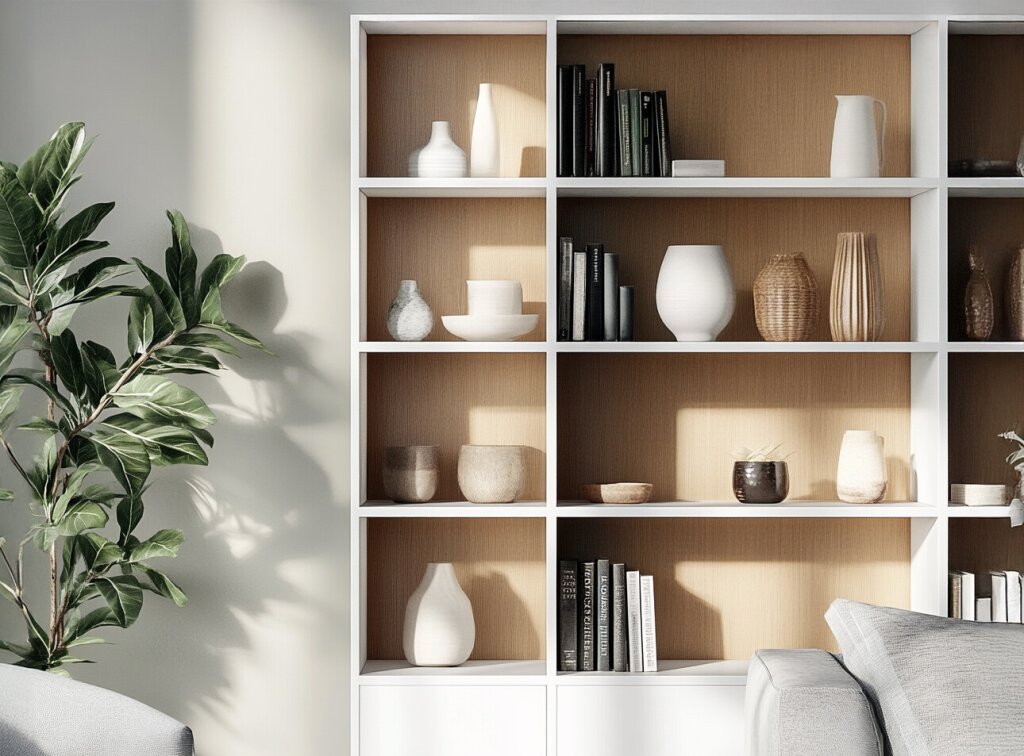 Modernes Regal mit weißem Rahmen und einer Rückwand aus hellem Holz. Die Regalfächer sind sorgfältig mit Büchern, Keramikvasen, Schalen und kleinen Dekorationsobjekten bestückt – alles dezent arrangiert und harmonisch aufeinander abgestimmt. Das Sonnenlicht fällt seitlich auf die Wand und erzeugt ein weiches Schattenspiel, das die natürliche Textur der Materialien betont. Eine große Grünpflanze im Vordergrund bringt zusätzlich Lebendigkeit in den Raum.