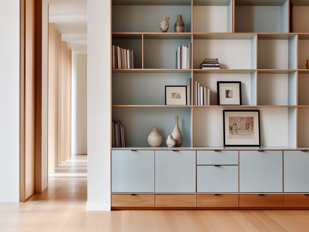 Großzügiges, raumhohes Regal mit offenem und geschlossenem Stauraum. Die Fronten sind in einem matten Pastellblau gehalten, kombiniert mit warmem Holz für die unteren Schubladen und Akzente an den Griffen. Bücher, Keramikobjekte und gerahmte Zeichnungen sind sorgfältig arrangiert und schaffen ein aufgeräumtes, ästhetisches Gesamtbild. Im Hintergrund öffnet sich ein heller Flur mit natürlichen Holzelementen und weichem Lichteinfall.