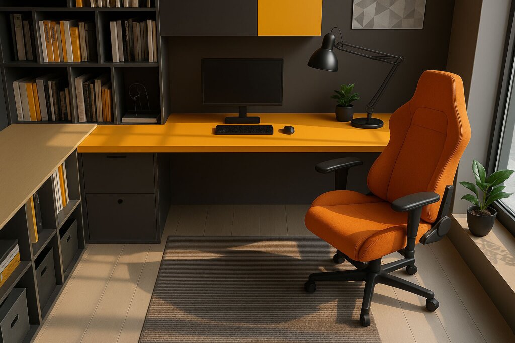 Maßgefertigtes Homeoffice mit gelber Arbeitsfläche, ergonomischem Stuhl und Stauraum vom Tischler – modernes Bürokonzept mit Farbakzent für konzentriertes Arbeiten in stilvoller Umgebung.