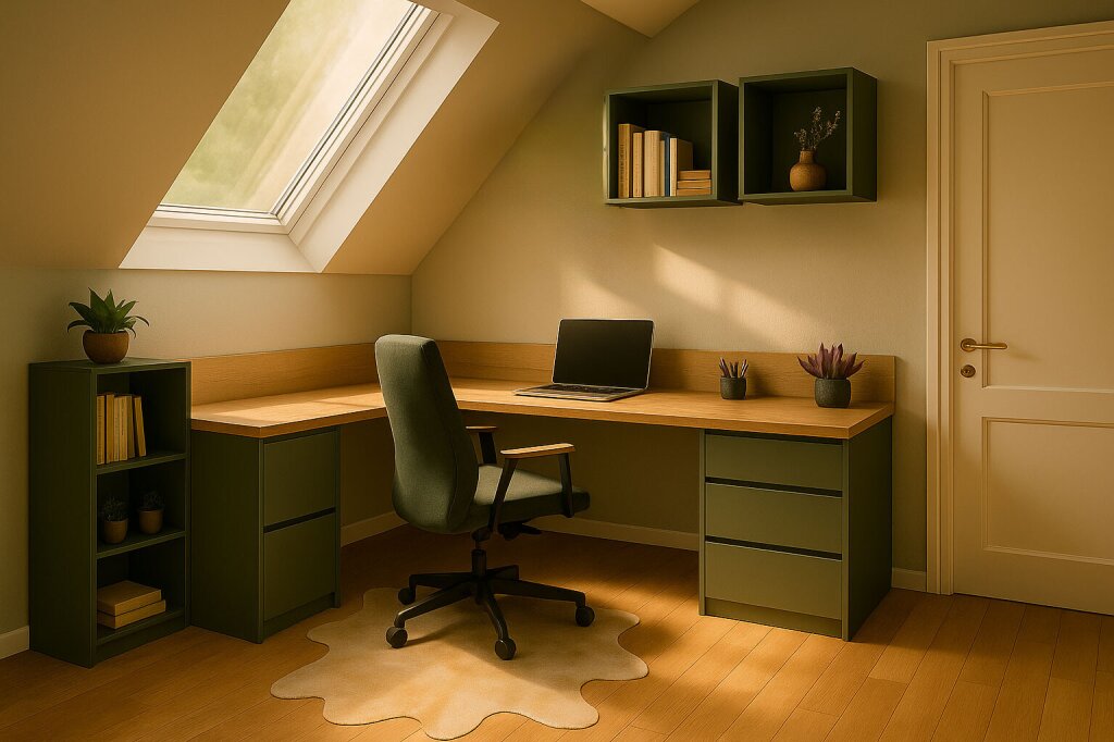 Maßgefertigtes Homeoffice unter der Dachschräge mit Eckschreibtisch, viel Stauraum und natürlichem Lichteinfall – individuell geplant vom Tischler für kleine Räume.
