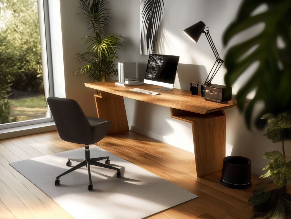 Massivholztisch mit markantem Design, handgefertigt vom Tischler – modernes Homeoffice mit maßgefertigtem Schreibtisch aus Holz, reduziertem Look und natürlichem Licht.