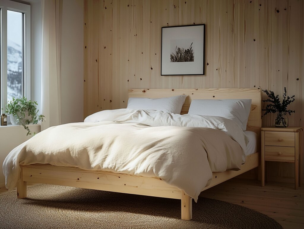 Helles Massivholzbett aus Zirbe in einem gemütlichen Schlafzimmer mit passendem Nachttisch. Das minimalistische Design zeigt die natürliche Maserung des Holzes und vermittelt Stabilität sowie zeitlose Eleganz.
