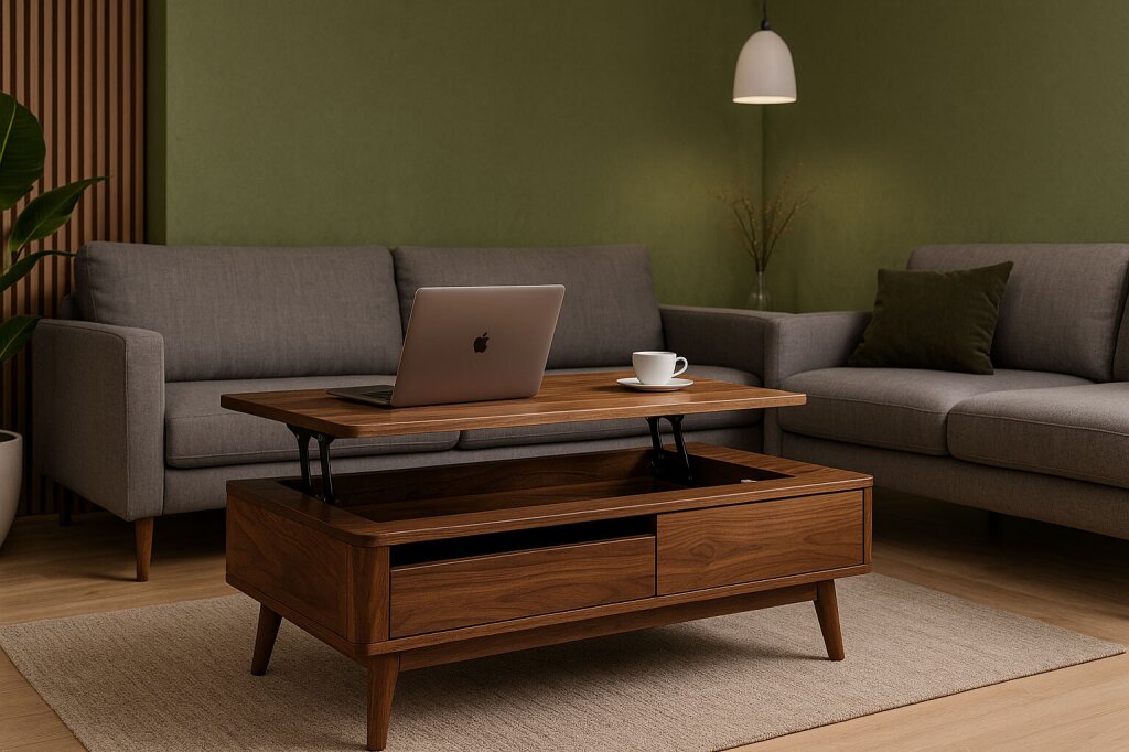 Multifunktionaler Couchtisch aus Nussholz mit Stauraum und hochklappbarer Tischplatte im Wohnzimmer. Das Wohnzimmer ist modern mit olivgrüner Wand und grauer Sitzgruppe.