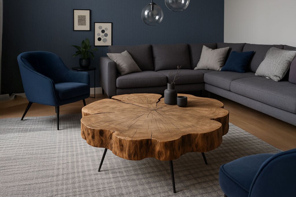 Rustikaler Couchtisch aus massiver Baumscheibe mit Metallfüßen in modernem Wohnzimmer.
