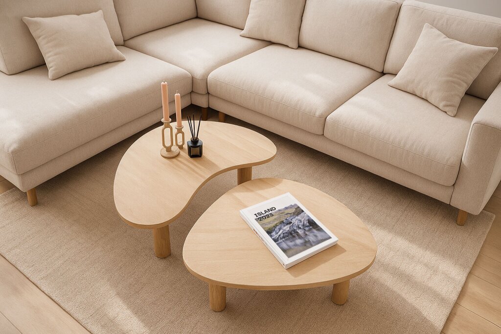 Organisch geformter Couchtisch aus hellem Massivholz vor heller Wohnlandschaft mit Sofalandschaft.