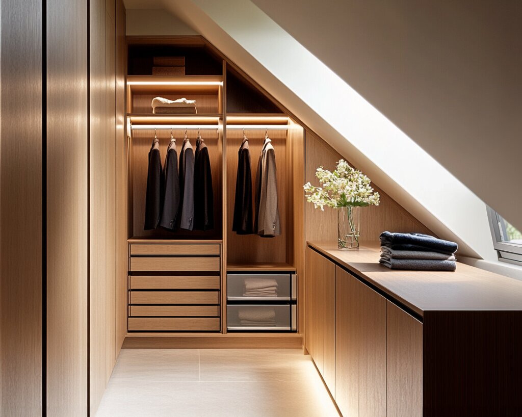 Ankleidezimmer unter einer Dachschräge. Ein perfekt eingepasster Schrank nützt jeden Zentimeter. Oberflächen sind in Holzdekor, Eiche weiß geölt.