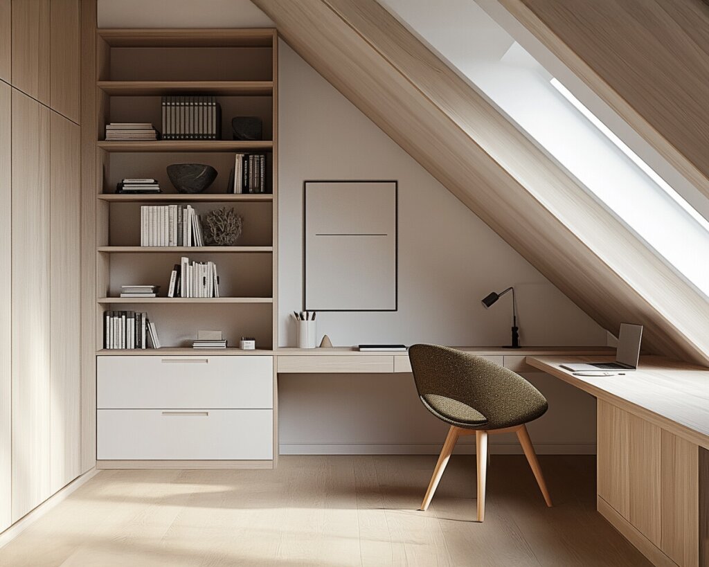 Ein Büro oder Homeoffice samt Schreibtisch und Bücher- bzw. Aktenschrank in hellem Naturholz. Der Raum unter der Dachschräge wird durch die Maßmöbel perfekt genutzt.