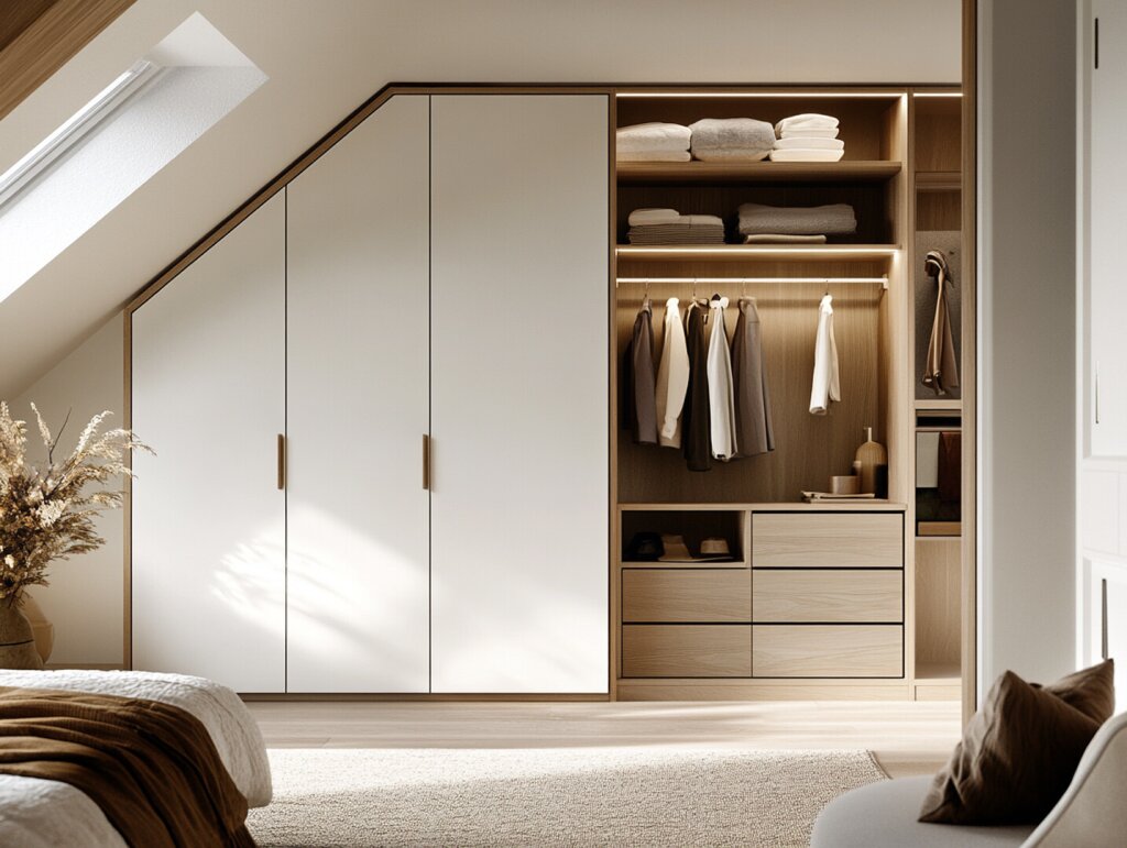 Ein Dachschrägenschrank mit Schräge links. Der geschlossene Schrank besteht aus drei Elementen mit weißen Türen, zwei davon perfekt in die Schräge integriert, der Dritte deckenhoch, ohne Schräge. Auf der rechten Seite schließt ein offener Schrankbereich an, mit Kleiderstange und aufgehängter Kleidung, mehreren Schubladen und Fächern in einem hellen Naturholzton.
