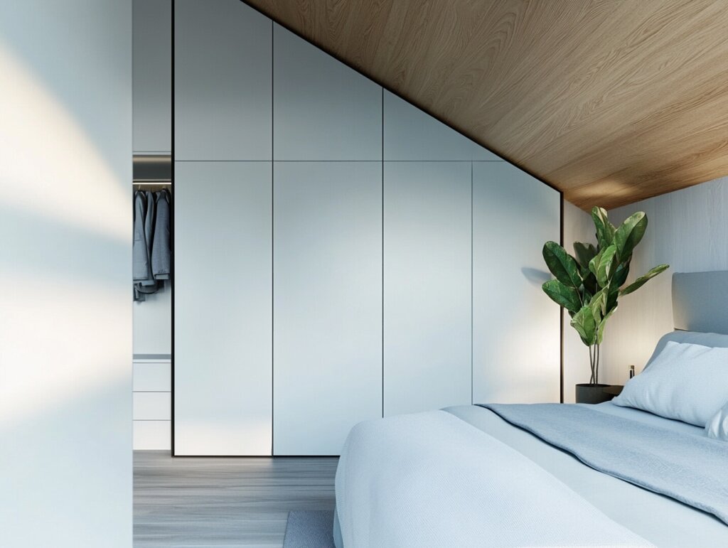 Ein Kleiderschrank im Schlafzimmer unter einer Dachschräge. Die Schrankfronten in schlichtem Weiß. Vier geschlossene Elemente mit weißen Türen.