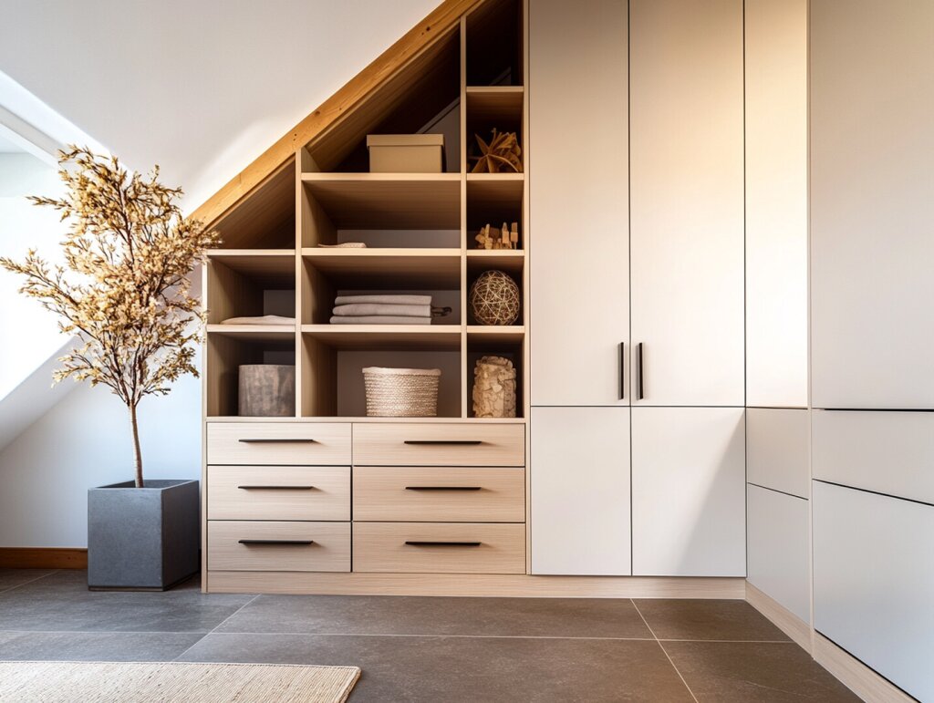 Ein Raum mit Dachschräge. Unter der Dachschräge ein moderner Schrank mit hellem Holz und weißen Dekorspanoberflächen. Der Stauraumschrank ist perfekt in die Dachschräge eingearbeitet. So wird jeder Zentimeter genützt.
