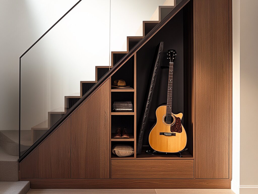 Ein Treppenschrank perfekt unter die Schräge der Treppe eingepasst. Dunkles Nussholz. Links zwei geschlossene Elemente mit Nussholzdrehtüren, mittig ein offenes Fach mit Regalen und einem großen Fach, in dem eine Gitarre steht, rechts ein hohes geschlossenes Element mit Nussholzdrehtür.