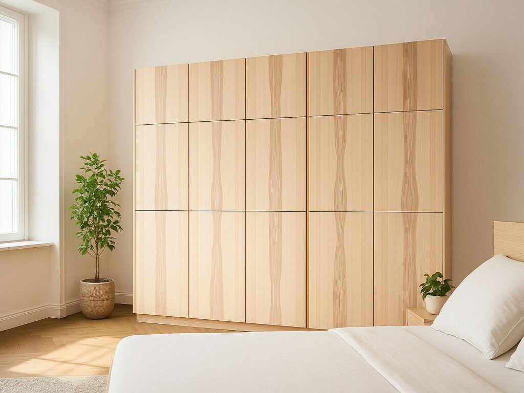 Heller Kleiderschrank aus Massivholz mit durchgehender, auffälliger Maserung in einer modernen, glatten Frontgestaltung. Der Schrank steht in einem ruhigen Schlafzimmer neben einem Bett mit weißer Bettwäsche, dekoriert mit grünen Pflanzen und viel natürlichem Tageslicht.