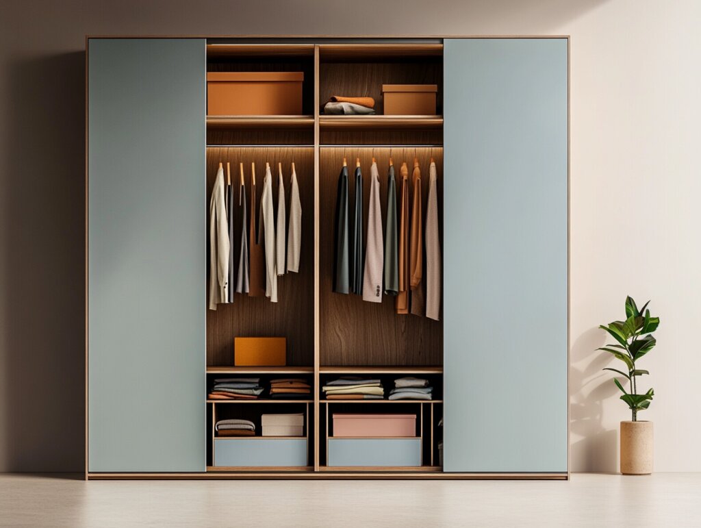 Offener Kleiderschrank mit hellblauen Schiebetüren, warm beleuchteten Innenfächern und Holzdetails. Kleidung hängt ordentlich an Holzkleiderbügeln, Ablagefächer enthalten farblich abgestimmte Boxen. Rechts neben dem Schrank steht eine kleine grüne Zimmerpflanze in einer schlichten Vase. Der Raum wirkt modern, ordentlich und wohnlich.
