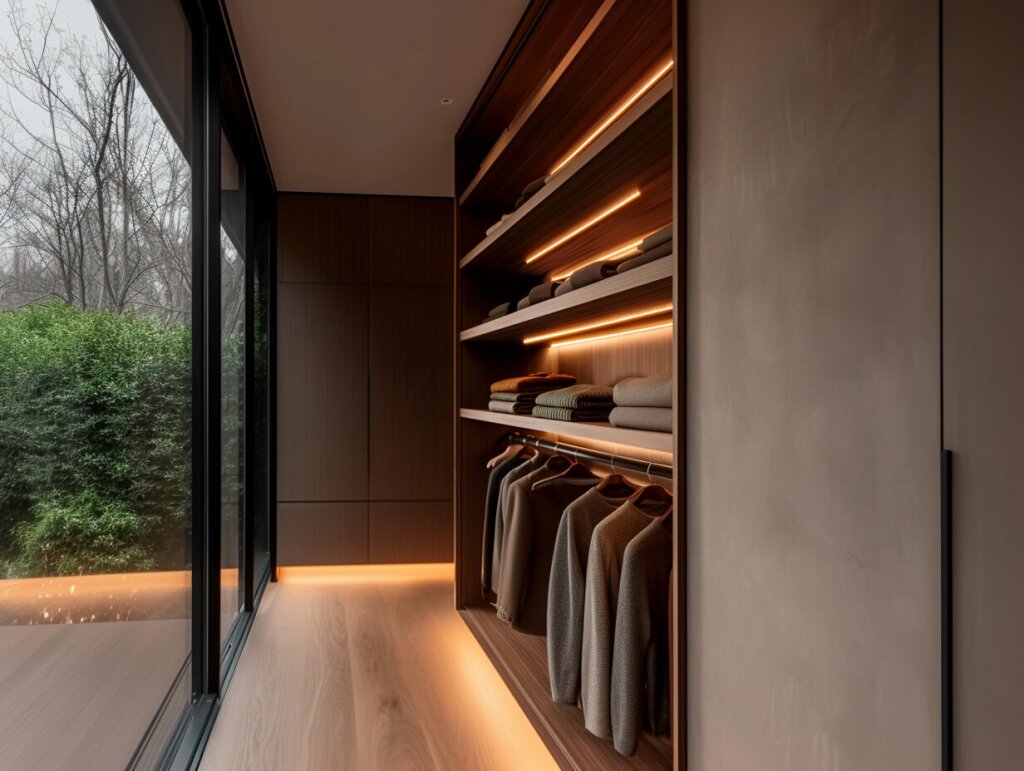 Begehbarer Kleiderschrank mit großen Fensterfronten und Blick ins Grüne. Warme, indirekte LED-Beleuchtung hebt die offenen Holzregale hervor, in denen Kleidungsstücke und Pullover ordentlich gestapelt und aufgehängt sind. Der Raum wirkt durch die natürlichen Materialien, das Tageslicht und die minimalistische Einrichtung sehr hochwertig und harmonisch.