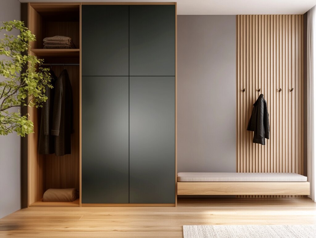 Moderne Garderobe nach Maß – Schrankfronten in mattem Schwarz treffen auf warmes Eichenholz. Eine offene Nische mit Kleiderstange und ein elegantes Lamellenpaneel mit Haken bieten Platz für Jacken. Die schwebend montierte Sitzbank mit Polster schafft Leichtigkeit. Der helle Eingangsbereich mit Holzfußboden und natürlichem Lichteinfall wirkt puristisch und zugleich wohnlich.