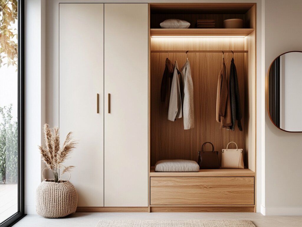 Elegante Garderobe nach Maß – Kombination aus geschlossenen Schrankelementen in Cremeweiß und offener Nische aus Eichenholzdekor. Integrierte LED-Beleuchtung setzt Jacken, Taschen und Accessoires stimmungsvoll in Szene. Eine Sitzbank mit Schublade bietet Stauraum und Komfort. Der helle Eingangsbereich mit Naturmaterialien und großen Fensterflächen strahlt Wärme und Wohnlichkeit aus.