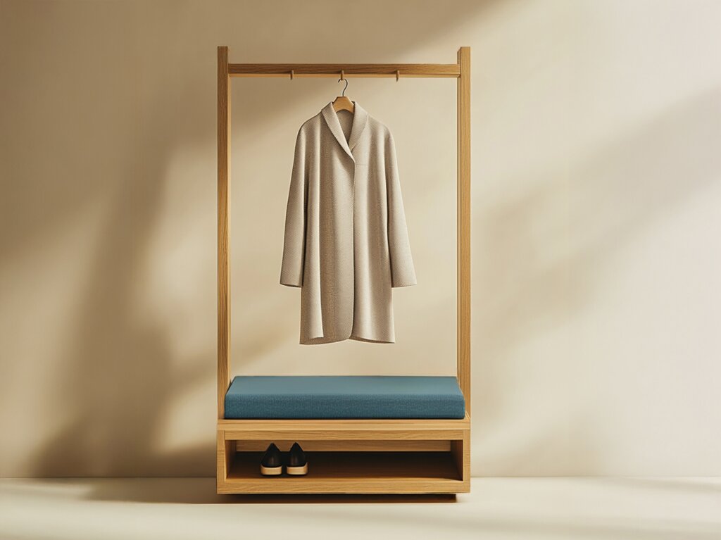 Freistehende Garderobe aus Eichenholz mit integrierter Sitzbank und Schuhablage, gefertigt von der Tischlerei Lidauer. Auf der Kleiderstange hängt ein heller Mantel, das Polster der Bank ist in Blau gehalten. Klare Linien und minimalistisches Design prägen dieses Maßmöbel.