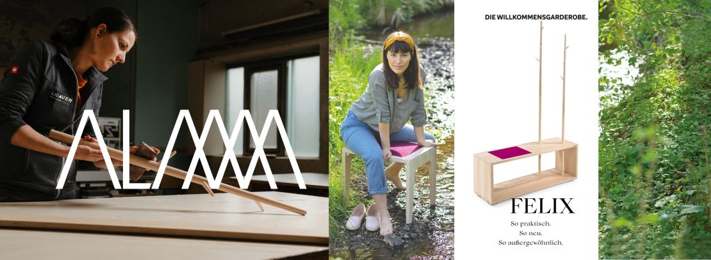 Headerbild für die Naturmöbel-Kollektion ALMM der Tischlerei Lidauer: Tischlerin Diana beim Arbeiten in der Werkstatt, daneben eine Szene in der Natur mit einer jungen Frau auf einem Holzstuhl und die Garderobe FELIX als Produktdarstellung. Kombination aus Handwerk, Natürlichkeit und modernem Möbeldesign.