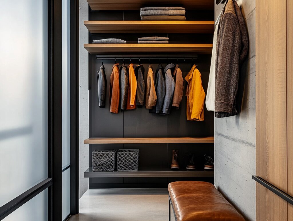 Industrial-Garderobe nach Maß von der Tischlerei Lidauer mit offenen Regalböden, schwarzer Rückwand und Kleiderstange. Unter der Garderobe stehen Schuhe und Körbe, davor eine Sitzbank mit Lederpolster. Sichtbeton und Glasflächen verleihen dem Eingangsbereich einen modernen Loft-Charakter.