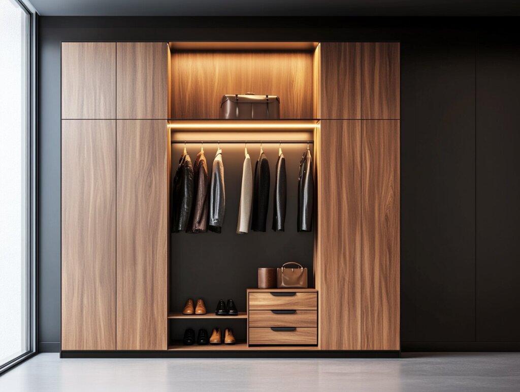 Moderne Garderobe nach Maß von der Tischlerei Lidauer mit geschlossenen Fronten aus Nussbaumholz, offener Kleiderstange und beleuchteten Fächern. Im unteren Bereich befinden sich Schubladen und offene Ablagen für Schuhe und Taschen, der Eingangsbereich wirkt hochwertig und geordnet.