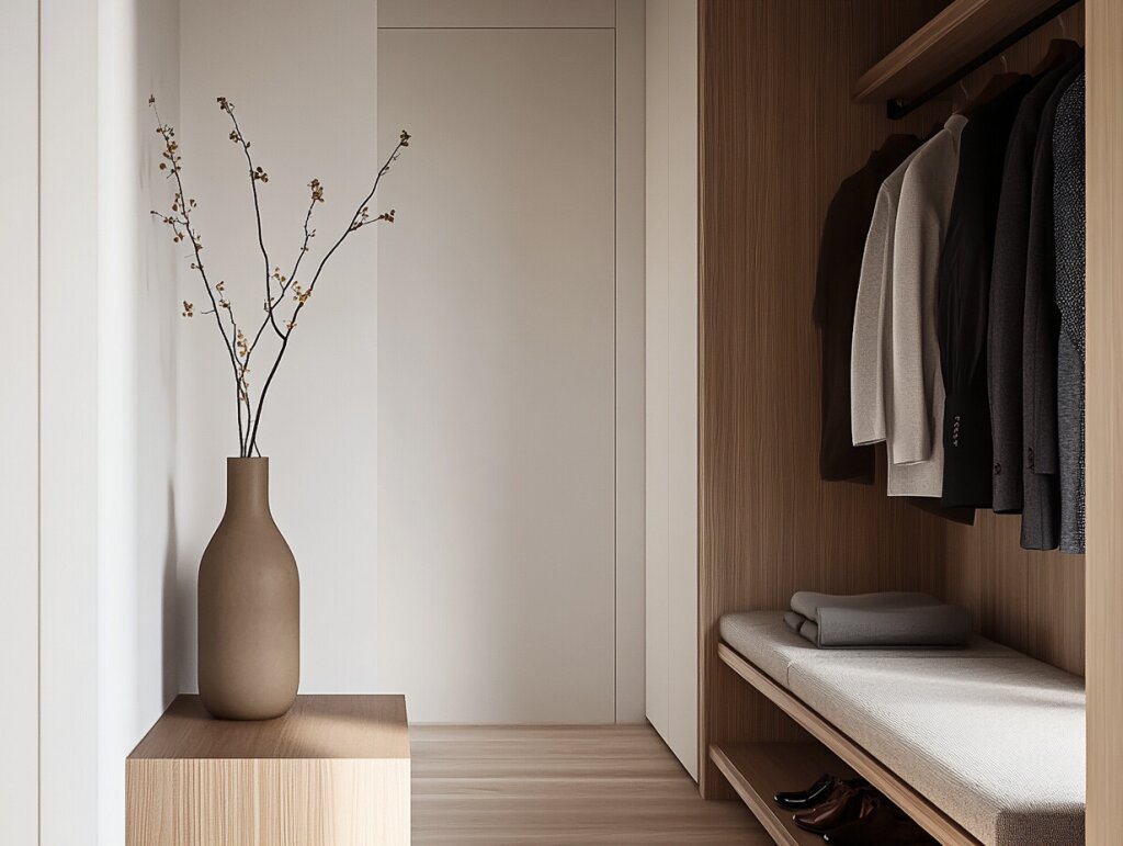 Maßgefertigte Garderobe aus Holz von der Tischlerei Lidauer mit integrierter Sitzbank, Kleiderstange und offener Ablage. Neben der Garderobe steht ein minimalistisches Sideboard mit schlichter Vase, der Eingangsbereich wirkt hell und aufgeräumt.