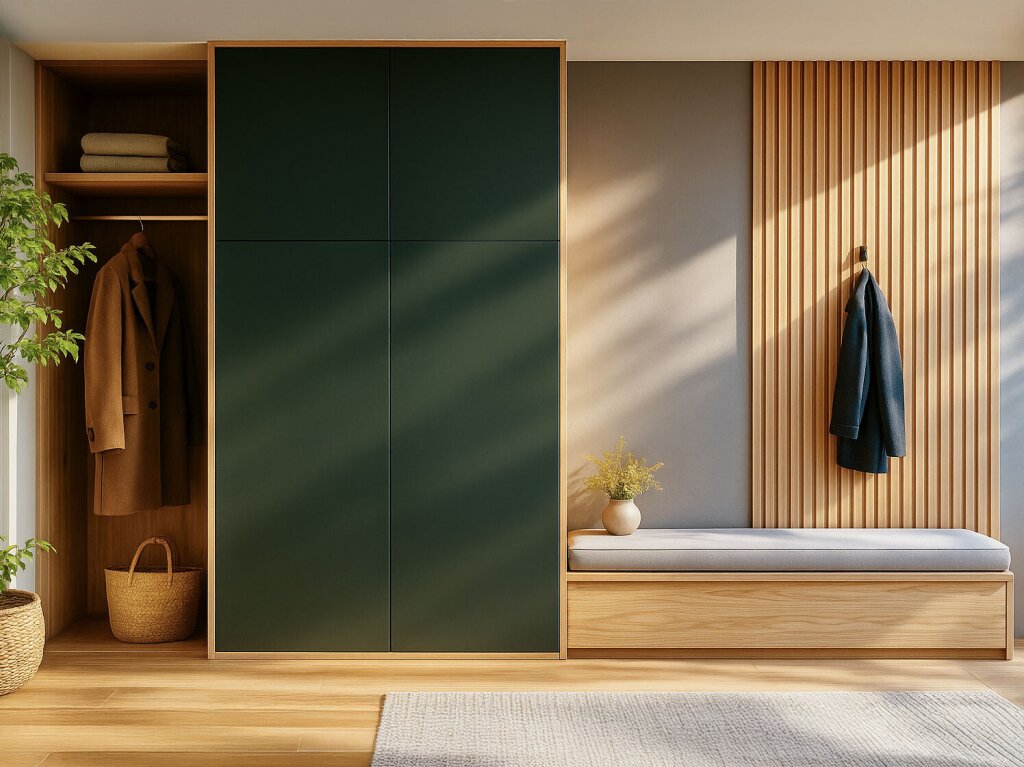 Moderner Garderobenschrank in dunklem Grün mit Holzrahmen, kombiniert mit einer Sitzbank und Holzpaneelen an der Wand. Links hängt ein brauner Mantel neben gefalteten Textilien und einem Korb, rechts vervollständigen Vase, Bankpolster und ein aufgehängtes Jackett die wohnliche Szenerie. Tageslicht fällt stimmungsvoll durch das Fenster.