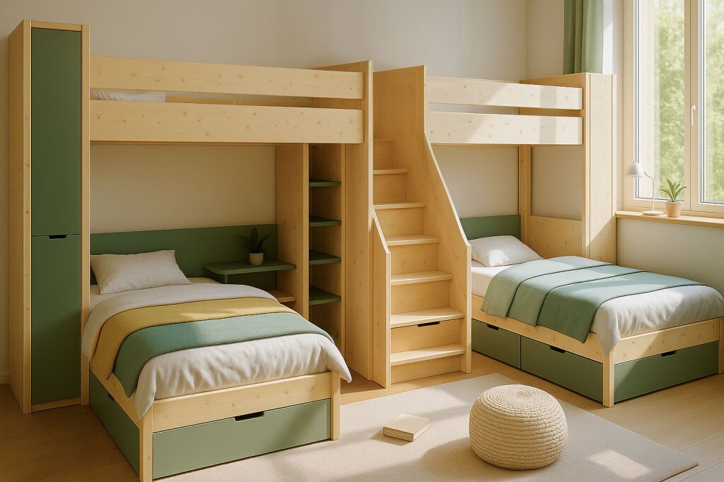 Kinderzimmer mit maßgefertigtem Hochbett-System aus Naturholz und grün lackierten Fronten, gefertigt in Tischlerqualität. Zwei Betten unten, zwei oben, verbunden durch eine mittige Treppe – Tageslicht fällt durch das Fenster und betont die klare, freundliche Gestaltung.