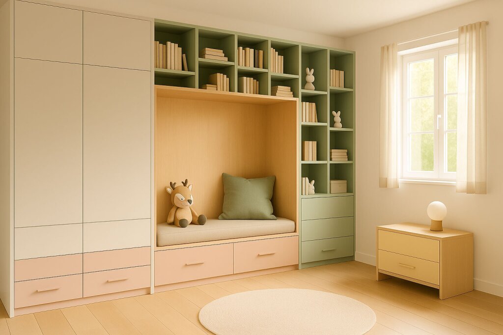 Kinderzimmer mit maßgefertigtem Einbauschrank EVA – mit offener Sitznische, farbigen Laden in Rosa und Grün, Regalen bis zur Decke und Stauraum unter der Bank. Helle Tischlermöbel, die Funktion und Gemütlichkeit harmonisch verbinden.