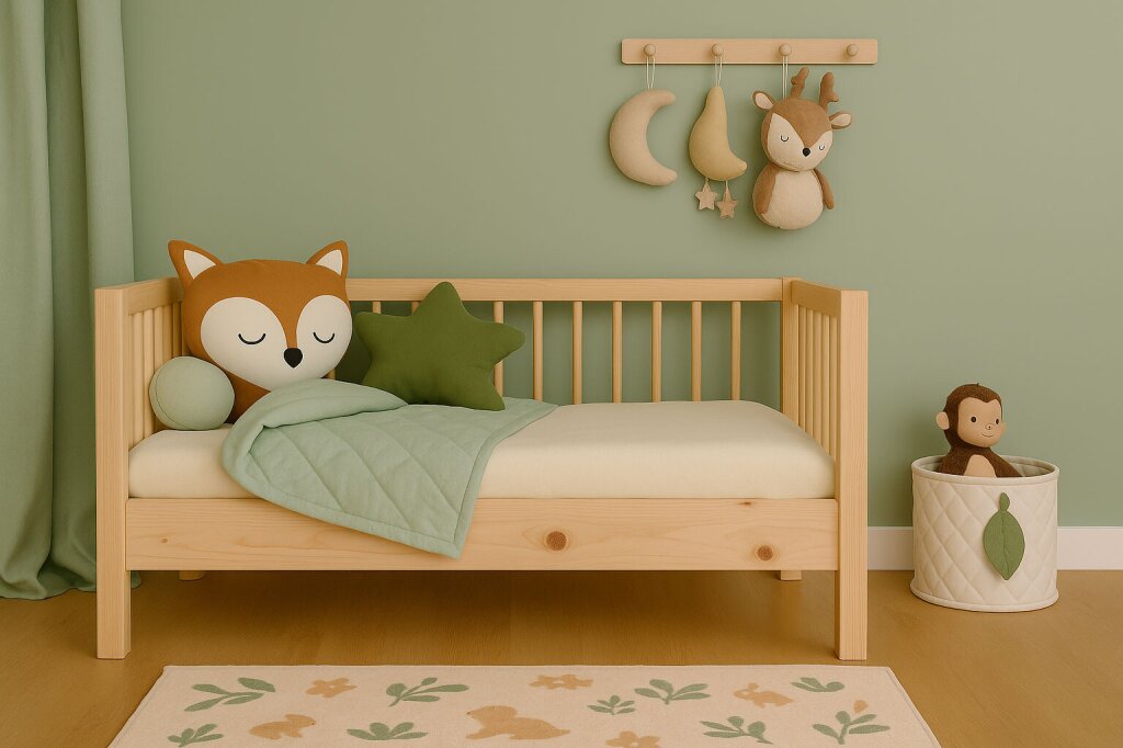 Ein maßgefertigtes Gitterbett aus Zirbenholz in einem Kinderzimmer mit Pastellgrün gestrichener Wand und Kuscheltieren, Decken und Kissen in Pastellfarben. Die Atmosphäre des Bildes ist hell, freundlich und ästhetisch ansprechend.