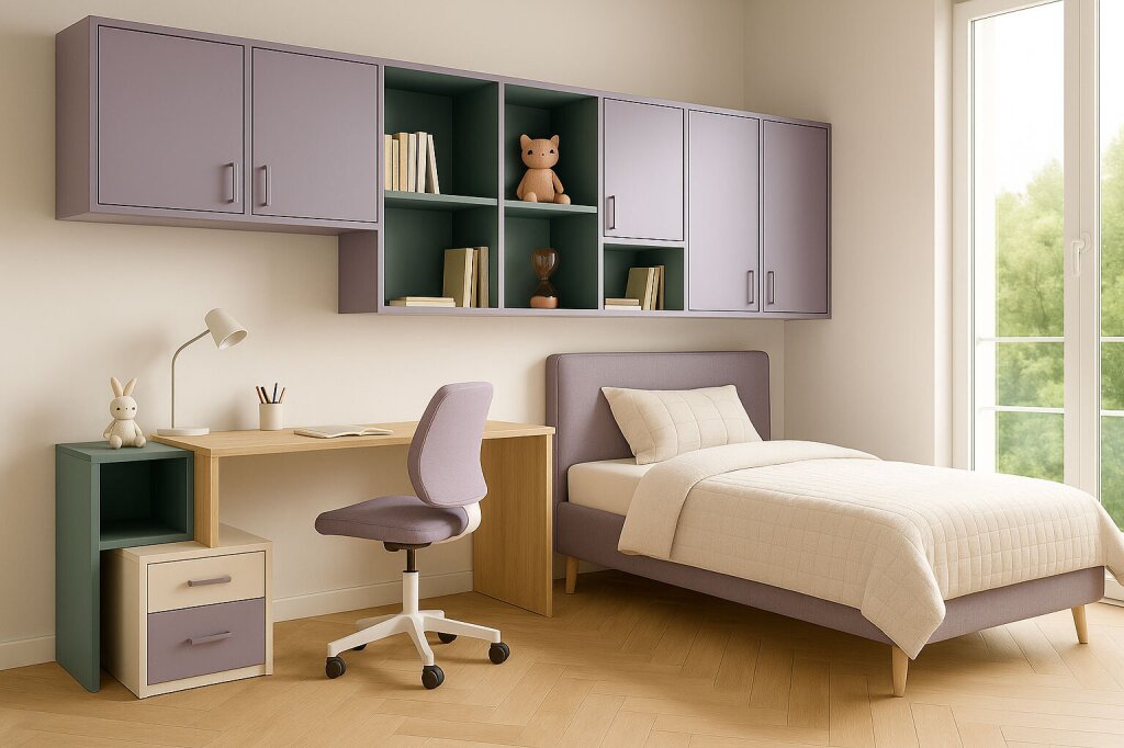Kinderzimmermöbel nach Maß: Hängeschrank HEIDI in Flieder mit offenen Regalfächern in Salbeigrün, kombiniert mit Bett, Schreibtisch und Rollcontainer – Planung von der Tischlerei Lidauer in Scharnstein.