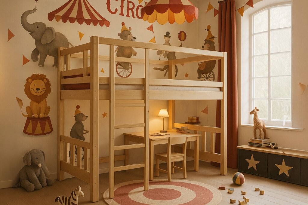 Kinderzimmer mit Hochbett aus hellem Holz und integriertem Schreibtisch, liebevoll gestaltet mit Zirkus-Wandmalerei, Spielteppich und Fenster mit Tageslicht. Kuscheltiere und Holzspielzeug runden die spielerische Atmosphäre ab.
