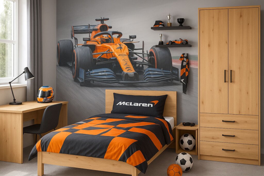 Modern eingerichtetes Jugendzimmer im Motorsport-Design mit Bett und Möbeln aus hellem Holz, großer Formel-1-Wandgrafik, Mclaren-Bettwäsche, Schreibtisch und Sport-Accessoires wie Pokalen, Fußball und Rennhelm.