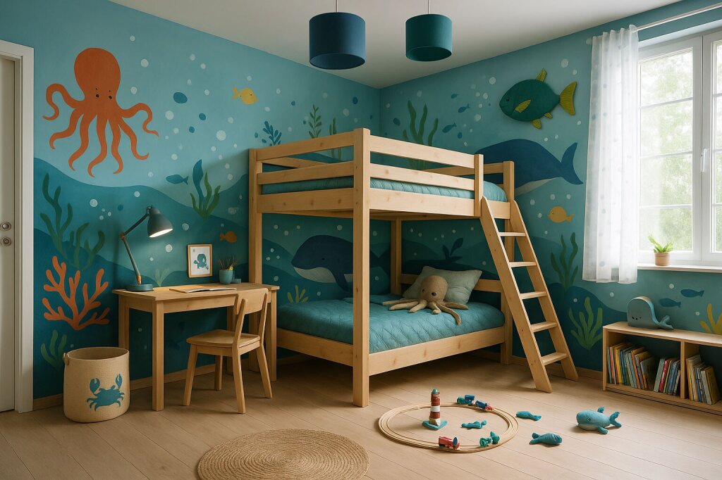 Kinderzimmer im maritimen Design mit Hochbett aus hellem Holz, blauer Wandgestaltung mit Meeresmotiven und passender Bettwäsche. Mit Spielteppich, Schreibtisch, Bücherregal und Spielzeug im Ozean-Thema liebevoll eingerichtet.