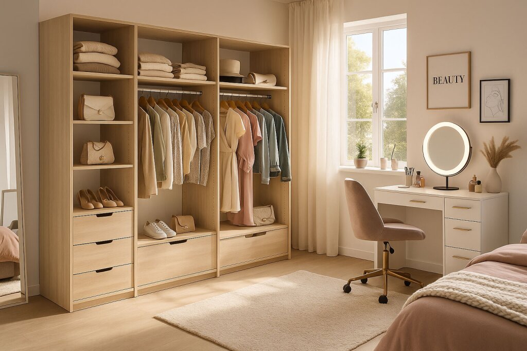 Heller offener Kleiderschrank aus Naturholz für ein Mädchenzimmer - mit Schminktisch und Beautylight und viel Platz für Kleidung und Stauraum. Das Bild wirkt harmonisch und natürlich.