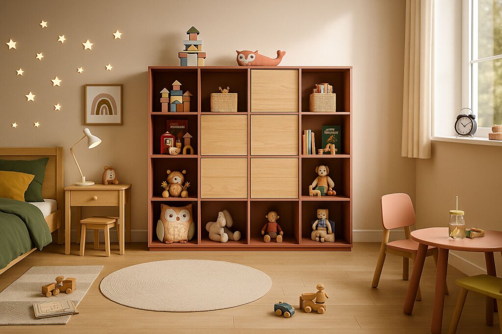 Freundlich eingerichtetes Kinderzimmer mit maßgefertigtem Regal RONJA in warmem Terrakotta und Naturholz – als Spiel- und Bücherregal gestaltet, kombiniert mit Bett, Nachtkästchen und Kindertisch. Tischlermöbel mit liebevollen Details und durchdachtem Stauraum.