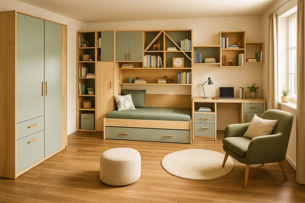 Helles, harmonisch eingerichtetes Jugendzimmer vom Tischler mit maßgefertigtem Einbauschrank, Regalwand, Bett mit Stauraum, Schreibtisch und Sessel – kombiniert in Naturholz und mattem Grün, mit viel Tageslicht durch das Fenster.