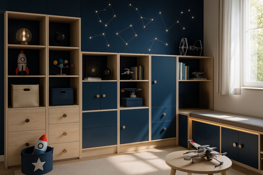 Modernes Kinderzimmer mit maßgefertigten Regalen und Schränken in Blau und Naturholz, Sternbild-Wandgestaltung, Spielzeug-Raketen und -Raumschiffen sowie gemütlicher Sitzbank am Fenster.